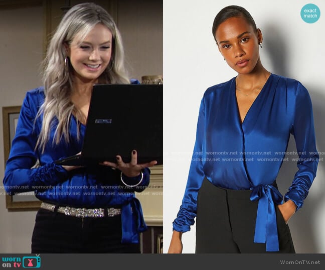 Karen Millen Silk Satin Wrap Front Bodysuit worn by Abby Newman (Melissa Ordway) on The Young and the Restless