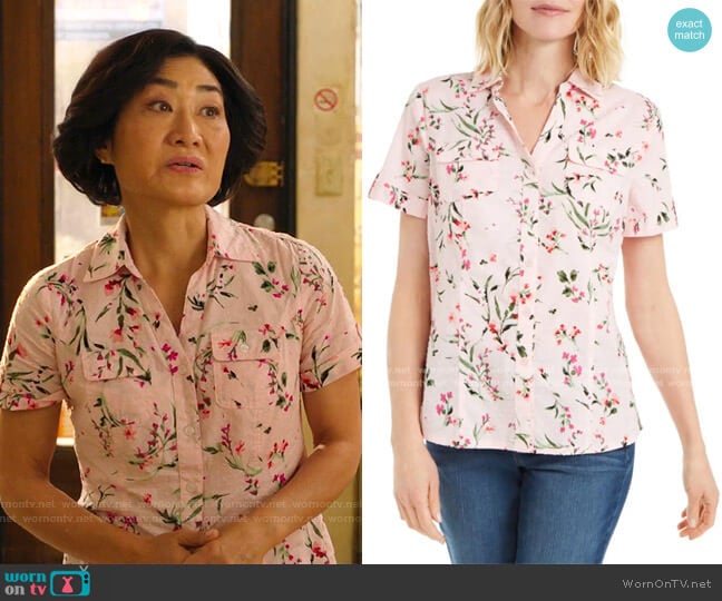 Petite Short-Sleeve Floral-Print Button-Down Shirt by Karen Scott worn by Mrs Kim (Jean Yoon) on Kims Convenience