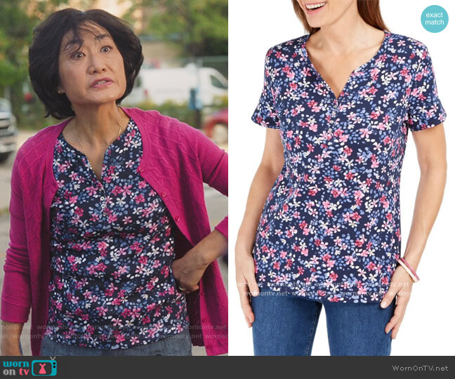 Floral Henley Top by Karen Scott worn by Mrs Kim (Jean Yoon) on Kims Convenience