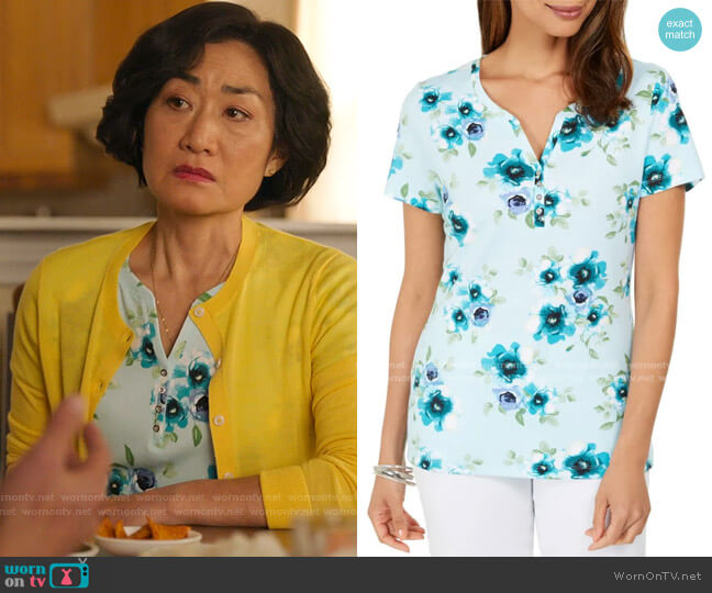 Floral-Print Henley Top by Kendra Scott worn by Mrs Kim (Jean Yoon) on Kims Convenience