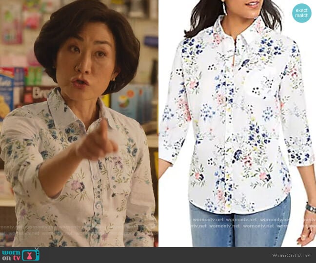 White Floral Blouse by Karen Scott worn by Mrs Kim (Jean Yoon) on Kims Convenience