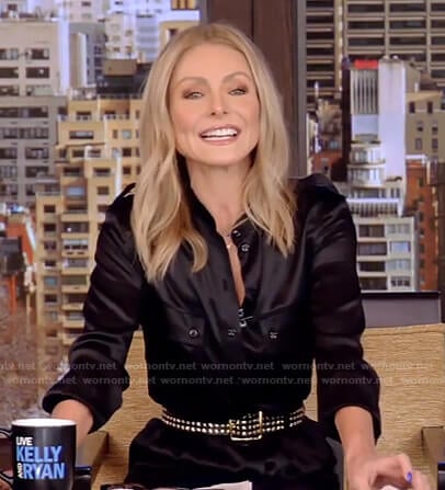 Kelly’s black jumpsuit and studded belt on Live with Kelly and Ryan