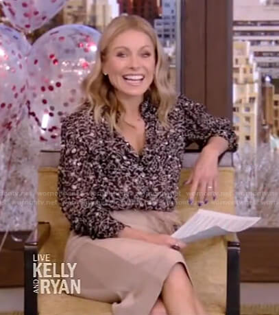 Kelly’s metallic print blouse and beige skirt on Live with Kelly and Ryan