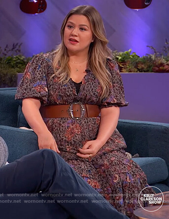 Kelly's gray floral puff sleeve dress on The Kelly Clarkson Show