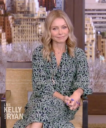 Kelly’s green printed dress on Live with Kelly and Ryan