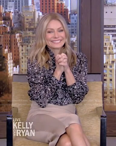 Kelly's metallic print blouse and beige skirt on Live with Kelly and Ryan