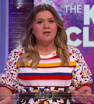 Kelly’s mixed print top and printed skirt on The Kelly Clarkson Show