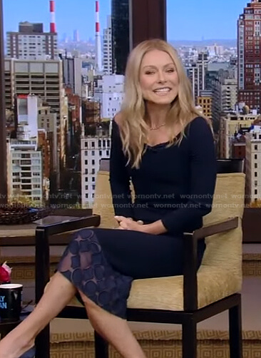 Kelly’s navy lace trimmed sheath dress on Live With Kelly