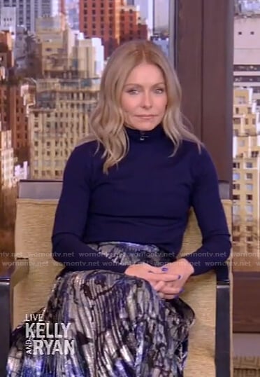 Kelly's turtleneck sweater and lame pleated skirt on Live with Kelly and Ryan