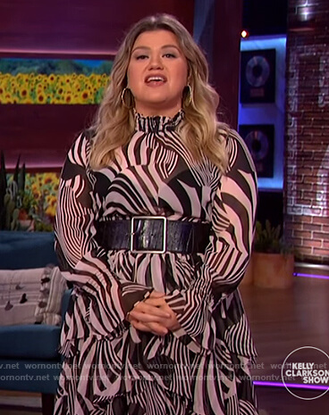 Kelly’s zebra stripe blouse and skirt on The Kelly Clarkson Show