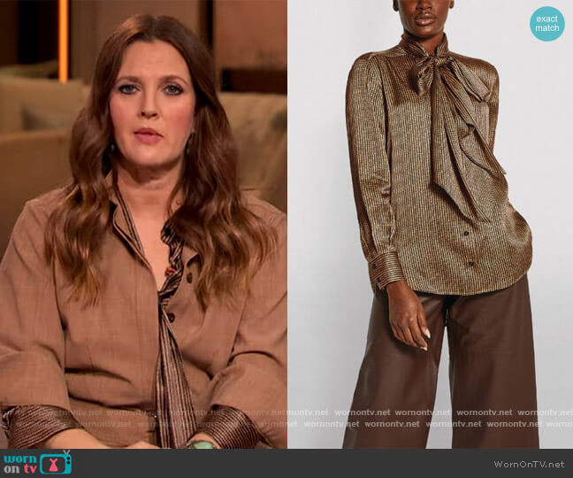 Printed Silk Pussybow Blouse by Kiton worn by Drew Barrymore on The Drew Barrymore Show