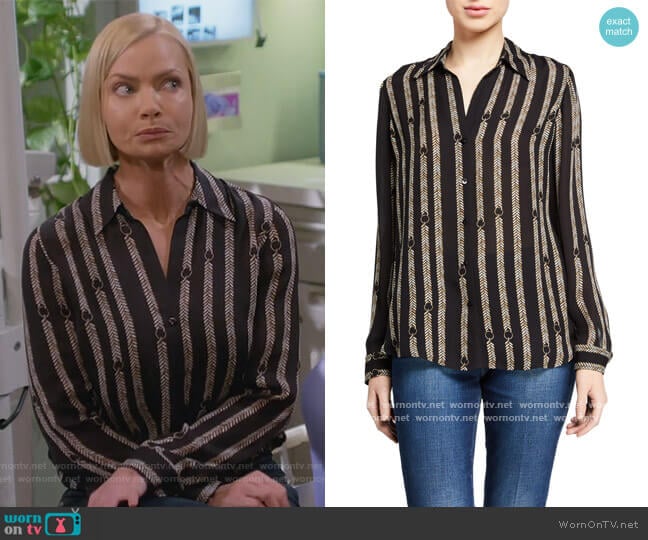 Nina Printed Button-Down Silk Blouse by L'Agence worn by Jill Kendall (Jaime Pressly) on Mom