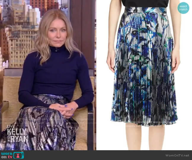 Lame Pleated Skirt by Christopher Kane worn by Kelly Ripa on Live with Kelly and Mark