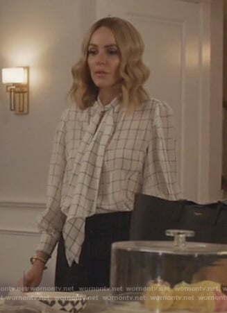 Laura's white windowpane tie neck blouse on All American