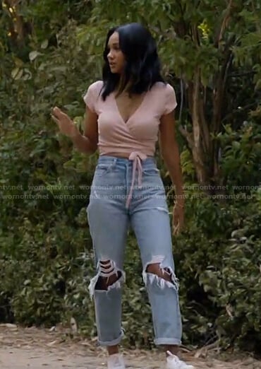 Layla's pink wrap top and distressed jeans on All American