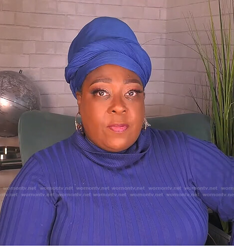 Loni’s blue ribbed turtleneck sweater on The Real