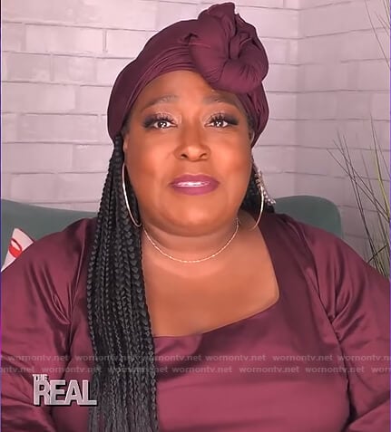 Loni’s burgundy square neck dress on The Real