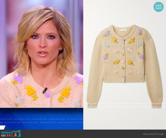 Briallon embroidered knitted cardigan by Love Shack Fancy worn by Sara Haines on The View