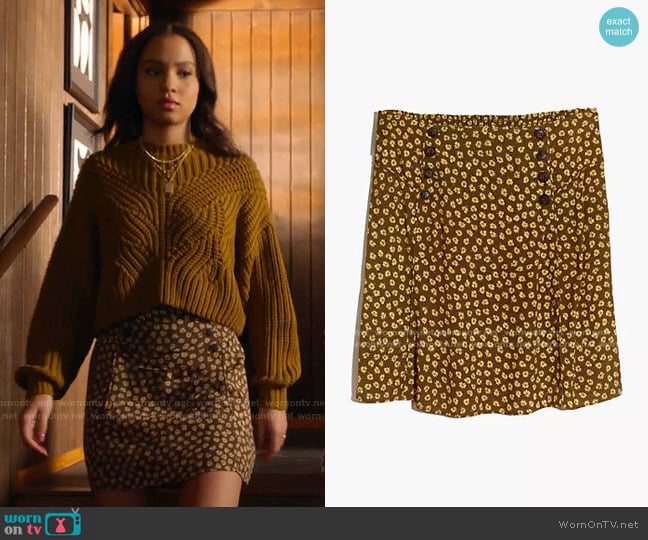 Piped Mini Skirt in Woodcut Flowers by Madewell worn by May Grant (Corinne Massiah) on 9-1-1