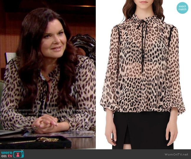 Maje Lip Leopard Print Tie Neck Top worn by Katie Logan (Heather Tom) on The Bold and the Beautiful