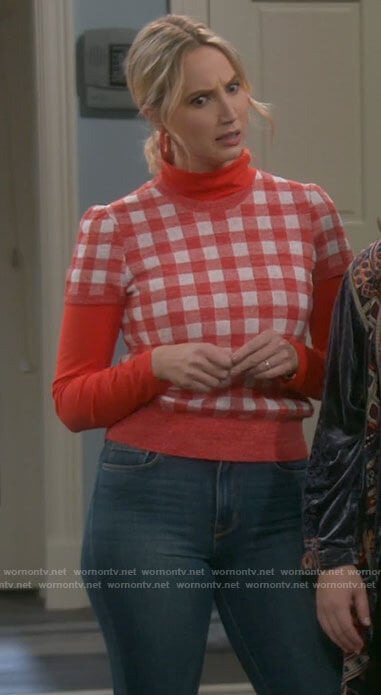 Mandy’s red gingham check short sleeve sweater on Last Man Standing