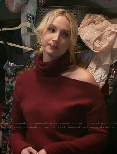 Mandy's red cutout turtleneck sweater and jeans on Last Man Standing