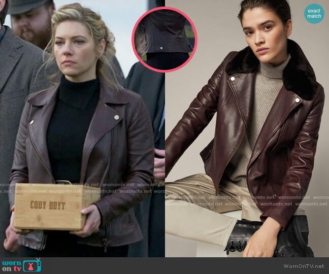 Massimo Dutti Leather Biker Jacket with Detachable Collar worn by Jenny Hoyt (Katheryn Winnick) on Big Sky