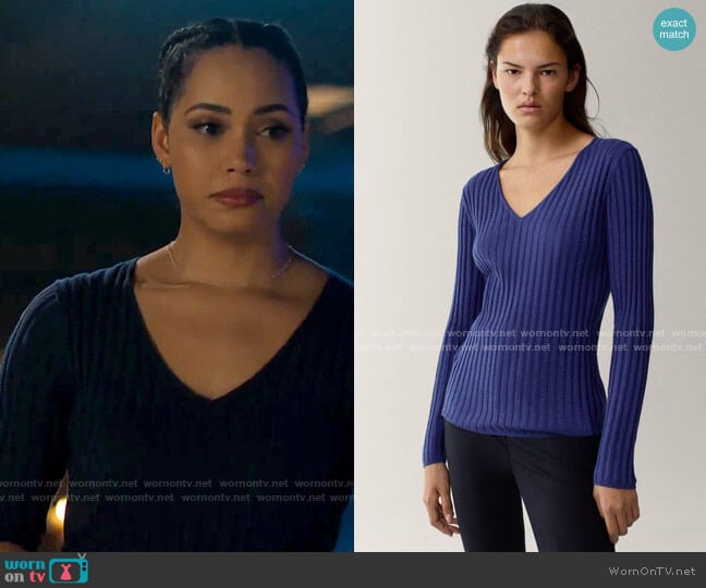 Massimo Dutti Ribbed V-neck sweater in a cotton/wool blend worn by Macy Vaughn (Madeleine Mantock) on Charmed