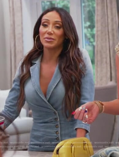 Melissa's denim button detail mini dress on The Real Housewives of New Jersey
