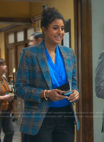 Mikaela’s blue plaid blazer on Mr Mayor