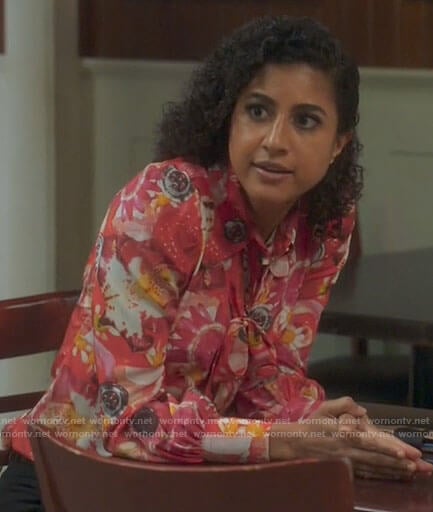 Mikaela’s pink floral and button print blouse on Mr Mayor