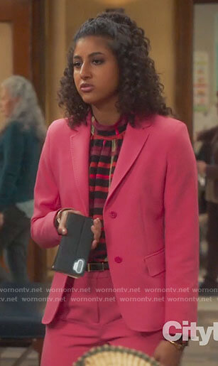 Mikaela's plaid top and pink suit on Mr Mayor