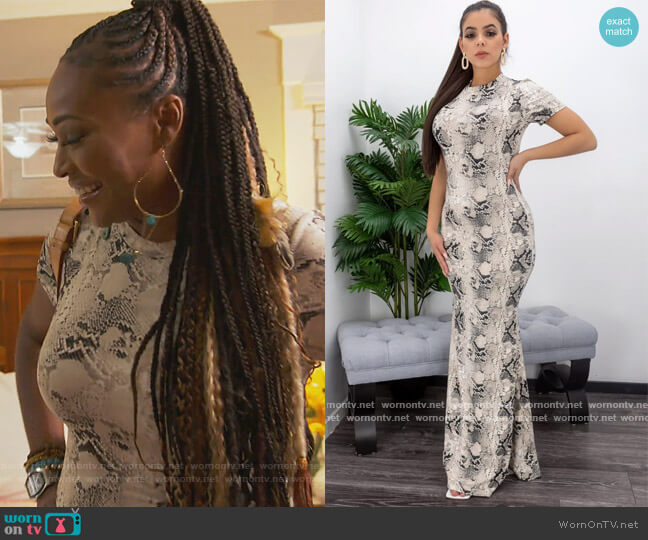 Open Back Snake Print Maxi Dress by Moda Fina worn by Cynthia Bailey on The Real Housewives of Atlanta