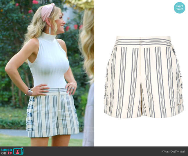 Fringed Striped Print Shorts by Monse worn by Stephanie Hollman on The Real Housewives of Dallas