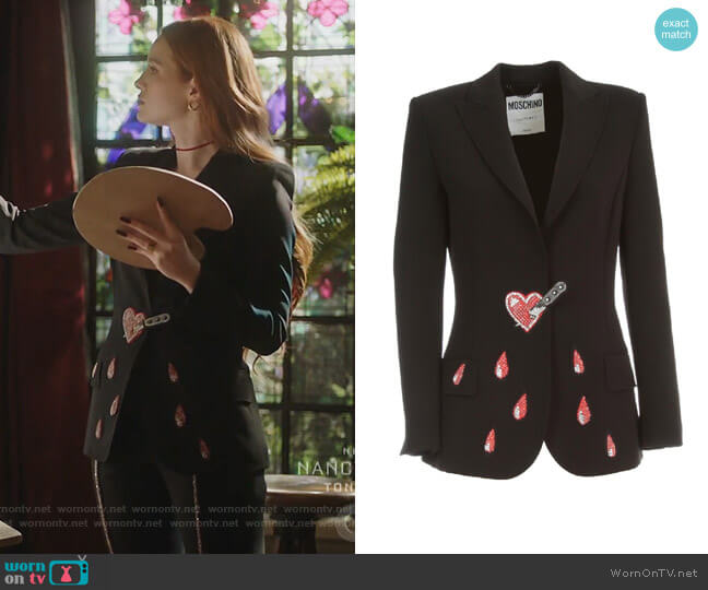 Bleeding Heart Jacket by Moschino worn by Cheryl Blossom (Madelaine Petsch) on Riverdale