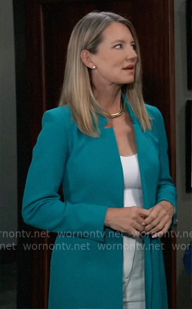 Nina's turquoise inverted collar blazer on General Hospital