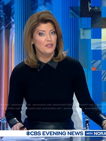 Norah’s black sweater with leather collar on CBS Evening News