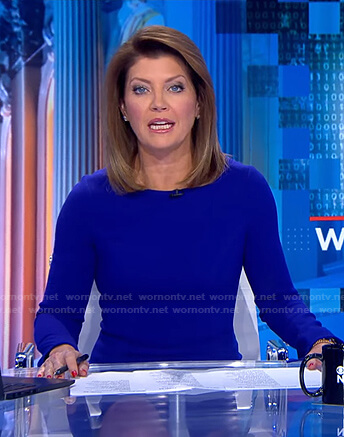 Norah’s blue side slit sheath dress on CBS Evening News