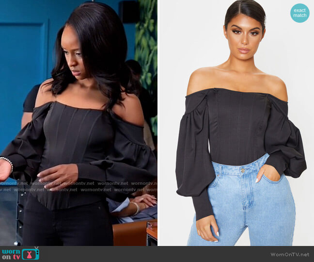 PrettyLittleThing Black Bardot Balloon Sleeve Corset Top worn by Karen Mott (Ebony Obsidian) on Tyler Perrys Sistas