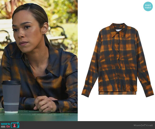 Hammered Charmeuse Plaid Button-Up Shirt by Proenza Schouler worn by Emily Lopez (Jessica Camacho) on All Rise