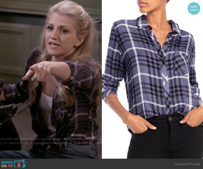 Rails Hunter Shirt in Twilight Ebony White worn by Gina Dabrowski (Annaleigh Ashford) on B Positive