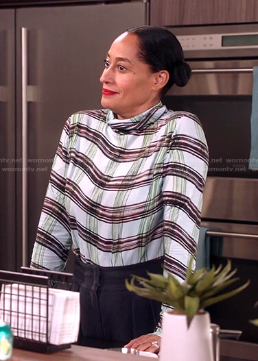 Rainbow's blue check turtleneck top on Black-ish