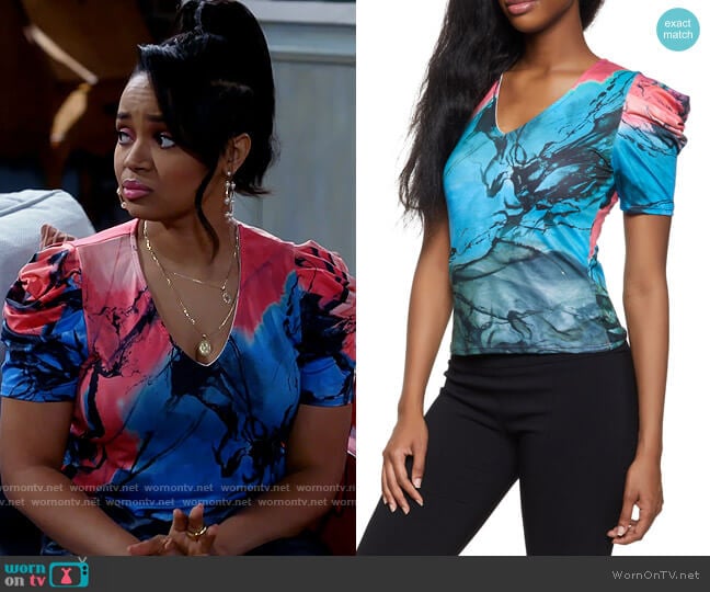 Rainbow Printed Puff Sleeve Top worn by Randi (Kyla Pratt) on Call Me Kat