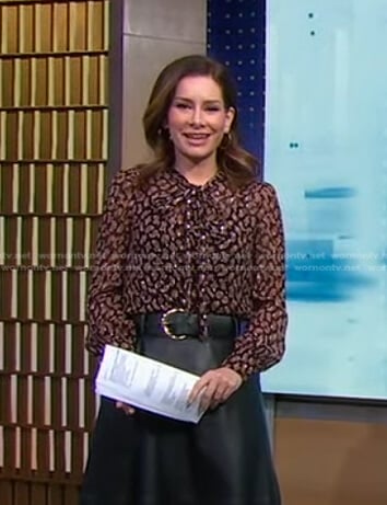 Rebecca’s black paisley print tie neck blouse on Good Morning America