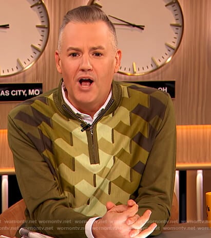 Ross Mathew’s green patterned sweater on The Drew Barrymore Show