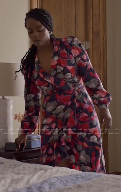 Sabrina's navy and red floral wrap dress on Tyler Perrys Sistas