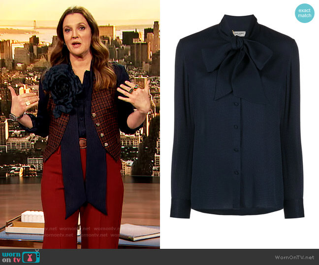 Pussy Bow Detail Shirt by Saint Laurent worn by Drew Barrymore on The Drew Barrymore Show