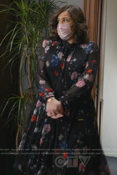 Sara's black floral pleated dress on All Rise