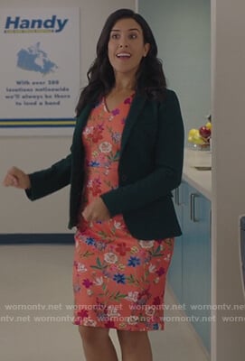 Shannon’s coral floral print sheath dress on Kims Convenience