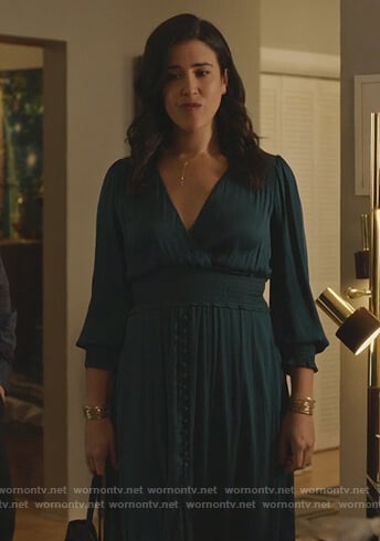 Shannon’s teal surplice dress on Kims Convenience